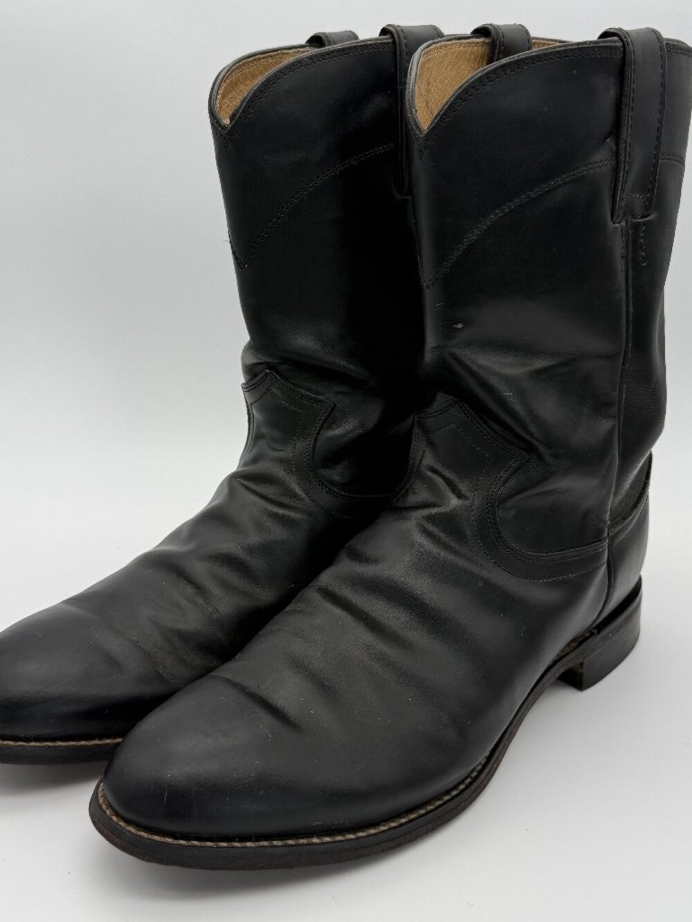 Justin Men's Jackson 10" Roper Black Leather Cowboy Boots Size 9.5D